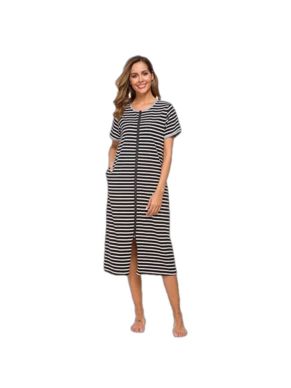 NWOT Short Sleeve Zip Up Nightgown Full Length Cotton Robe Housecoat Pockets S
